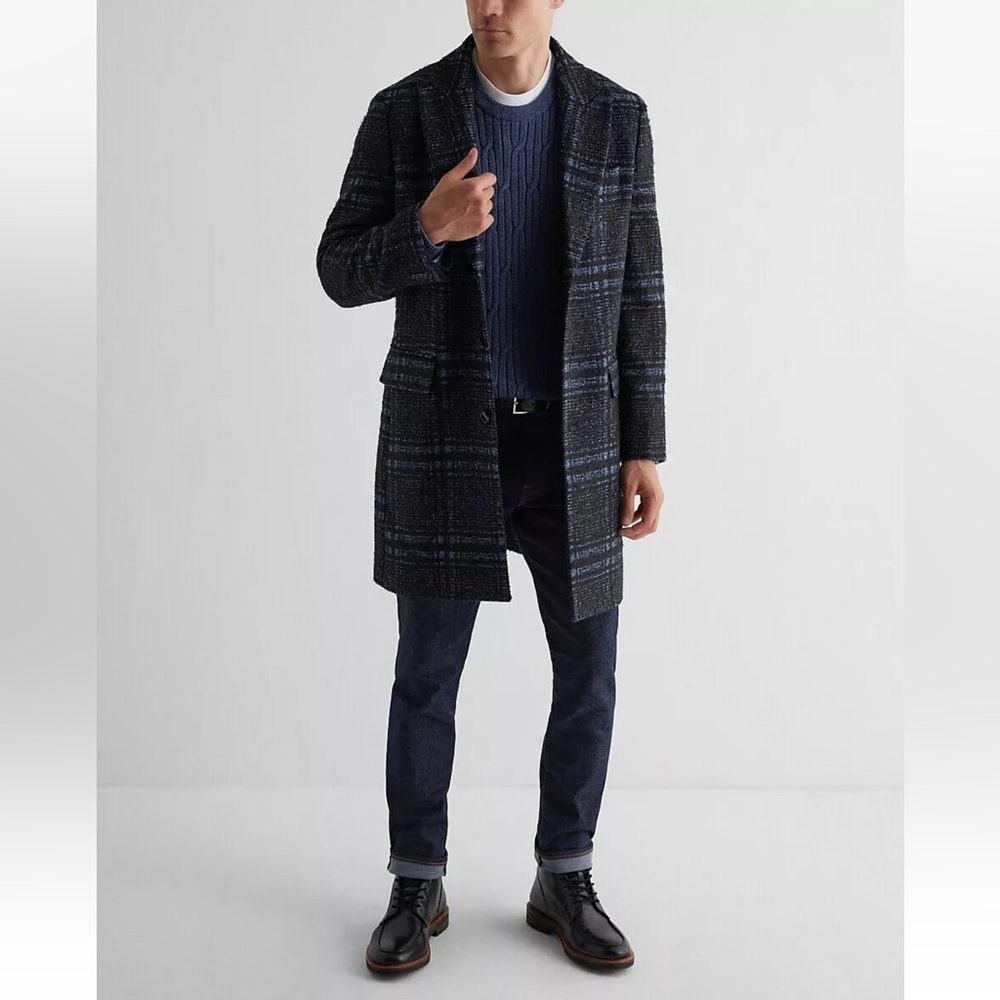 EXPRESS BLUE PRINT PLAID WOOL BLEND TOPCOAT COAT XLarge